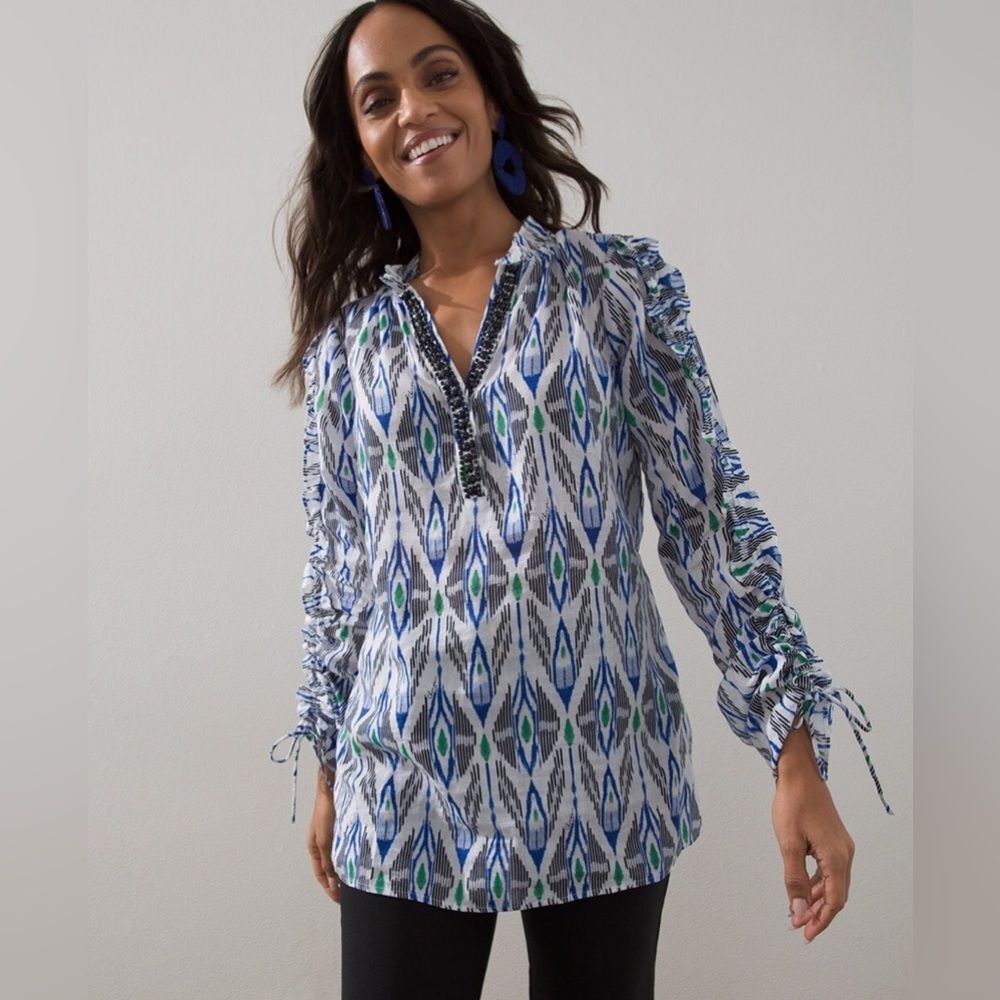 Chico’s Ikat Print 3/4 Sleeve Top Sz 0.5 US 6 Beaded Neckline Ruched Ramie Blend